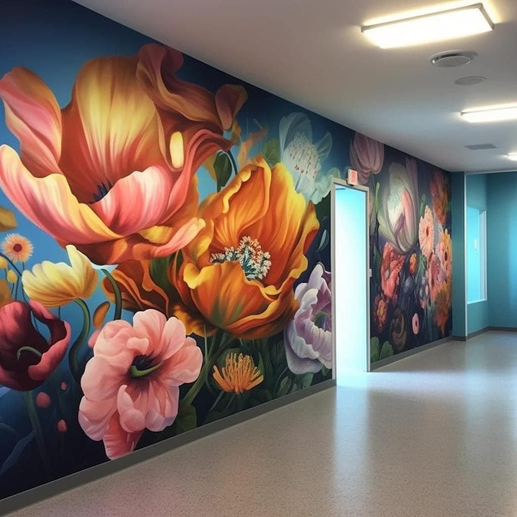 Tô điểm khu vực hành lang với mẫu tranh 3D họa tiết hoa lớn độc đáo